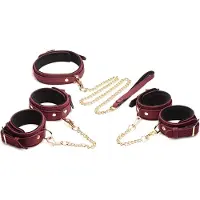 Master Series 6-delige Velvet Burgundy Bondage Set met Cuffs, Collar en Belt
