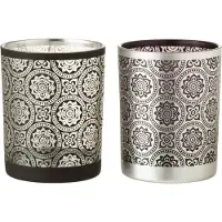 J-Line Theelichthouder Bloemenmandala Glas Zwart/Zilver Medium Assortiment Van 2