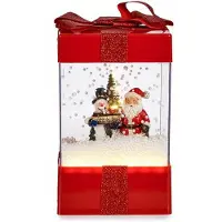 Krist+ Snowglobe lantaarn - kerstman en sneeuwpop - rood - 22,5 cm - verlichting en muziek