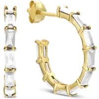New Bling 9NB-0923 Zilveren Halve Oorringen - Dames - Zirkonia - Baquette - 19 mm Doorsnee - Wit - Goudkleurig