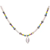CO88 Collection 8CN-26317 Miyuki Kralen ketting 45cm - Creme Multi Kleuren - 40+5cm - 2,2mm Dikte - Hanger Parel 10x7mm - Staal - Goudkleurig