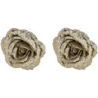 Cosy & Trendy 2x stuks decoratie bloemen roos champagne glitter op clip 18 cm - Kunstbloemen