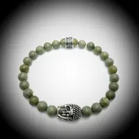 Behave Natuursteen Armband met 925 Sterling Zilver Skull / Buddha / Boedha Bedel van 13 gram Zilver , Handgemaakte Edelsteen Armband met 8mm (Silver Mist Jaspis) kralen .