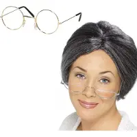 Smiffys - Oma Sarah carnaval verkleed set - pruik grijs met knotje - en oma brilletje