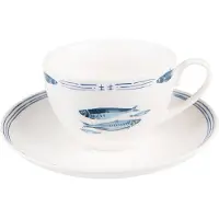 Clayre & Eef Kop en schotel 250 ml Wit Blauw Porselein Vissen Servies Wit Servies
