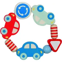 Goki Baby Bijtring: AUTO'S diam.8,5cm, met elastiek, hout