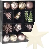 Merkloos Kerstballen en ornamenten incl. ster piek lichtroze/wit kunststof - Kersthangers
