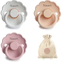 Frigg Daisy fopspenen met naam - T1 - Baby pink, Bright white en Pink cream - 0-6 maanden - spenen - speen - fopspeen - BolleToet speenzakje