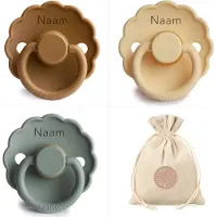 Frigg Daisy fopspenen met naam - T1 - Cappuccino, Pale daffodil, Lily pad - 0-6 maanden - spenen - speen - fopspeen - BolleToet speenzakje