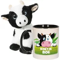 Heunec Cadeau set kind - Koeien knuffel 14 cm en Drinkbeker/mok Koe 300 ml - Knuffel boederijdieren