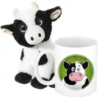 Heunec Cadeau set kind - Koeien knuffel 14 cm en Drinkbeker/mok Koe 300 ml - Knuffel boederijdieren
