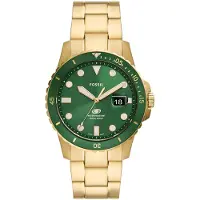 Fossil blue quartz goud heren horloge met groene wijzerplaat & roestvrij stalen band