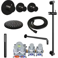 Brauer Black Edition thermostatische inbouw regendouche SET 15 met 20 cm douchekop en gebogen muurarm en staaf handdouche en doucheslang en geïntegreerde glijstang mat zwart