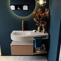 Mondiaz RIVA 100cm badmeubel onderkast / planchet kleur Rust met 1 lade. Wastafel DULCET links 1 kraangat kleur Linen.