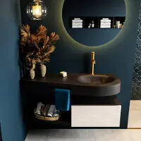 Mondiaz riva 120 cm badmeubel onderkast /planchet kleur underlayment met 1 lade. Wastafel dulcet rechts 1 kraangat kleur urban.
