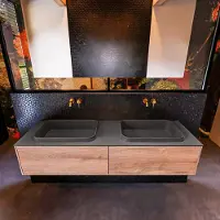 Mondiaz Badkamermeubelset Erin 150 cm met 2 Lades met RIDGE Wastafel Dubbel Dark grey Zonder Kraangaten Greeploos Mat Washed Oak