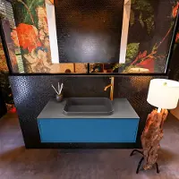 Mondiaz Badkamermeubelset Erin 100 cm met 1 Lade met RIDGE Wastafel Midden Dark grey met 1 kraangat Greeploos Mat Jeans