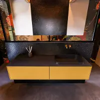 Mondiaz Badkamermeubelset Erin 150 cm met 2 Lades met RIDGE Wastafel Rechts Urban Zonder Kraangaten Greeploos Mat Ocher