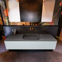 Mondiaz Erin 150cm badmeubel Clay met 1 lade en donkergrijze wastafel midden zonder kraangaten