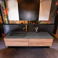Mondiaz Erin 150cm badmeubel Washed Oak met 2 lades en donkergrijze wastafel links 1 kraangat