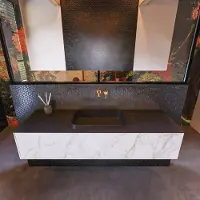 Mondiaz Erin 150cm badmeubel Carrara met 1 lade en zwarte wastafel midden zonder kraangaten