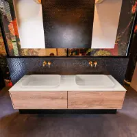 Mondiaz Erin 150cm badmeubel Washed Oak met 2 lades en beige wastafel dubbel zonder kraangaten