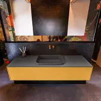 Mondiaz Erin 150cm badmeubel Ocher met 1 lade en donkergrijze wastafel midden zonder kraangaten