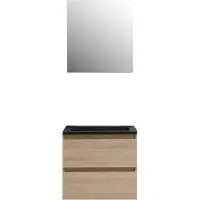 Boss & Wessing Badkamermeubel BWS Pepper Wastafel Acryl Mat Zwart Incl Spiegelkast Zonder Kraangat 60x55x46 cm Eiken