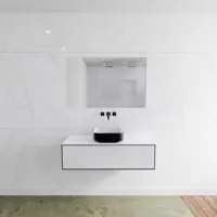 Mondiaz Badkamermeubelset LAGOM 110 cm Topblad met Gecentreerde Wastafel Solid Surface Opzetkom Binx Zonder Kraangaten Mat Zwart (1 lade)