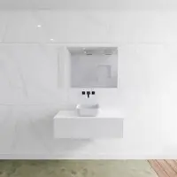 Mondiaz Badkamermeubelset LAGOM 100 cm met Topblad Gecentreerde Wastafel Solid Surface Opzetkom Binx Zonder Kraangaten Mat Wit (1 lade)