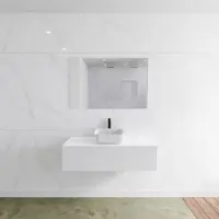 Mondiaz Badkamermeubelset LAGOM 110 cm met Topblad Gecentreerde Wastafel Solid Surface Opzetkom Binx Met 1 Kraangat Mat Wit (1 lade)