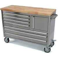 HBM gereedschapswagen met houten werkblad, 122 cm, RVS