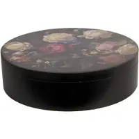 Clayre & Eef Opbergdoos Ø 25x7 cm Zwart Hout Rond Bloemen Opbergbox Zwart Opbergbox