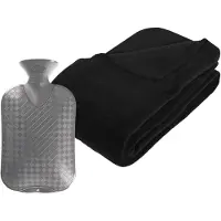 Atmosphera Fleece deken/plaid Zwart 230 x 180 cm en een warmwater kruik 2 liter - Plaids