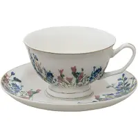 Clayre & Eef Kop en schotel 250 ml Blauw Wit Porselein Bloemen Servies Blauw Servies