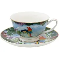 Clayre & Eef Kop en schotel 200 ml Groen Porselein Papegaai Servies Groen Servies