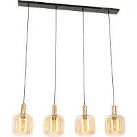 QAZQA Design hanglamp zwart met messing en amber glas 4-lichts - Zuzanna