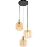 QAZQA Slimme hanglamp zwart met messing en amberkleurig glas 3-lichts incl. 3 Wifi G95 - Zuzanna