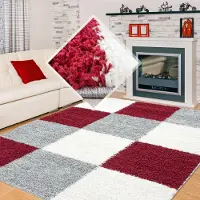 Muratap Basic shaggy geblokt vloerkleed rood / grijs hoogpolig- 200x290 cm
