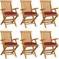 vidaXL Klapstoelen met wijnrode kussens, 6 stuks, massief teakhout