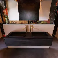 Mondiaz Erin 150cm badmeubel Dark Brown met 1 lade en zwarte wastafel dubbel 2 kraangaten