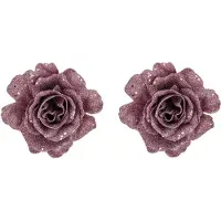 Cosy & Trendy 2x stuks decoratie bloemen roos roze glitter op clip 10 cm - Kunstbloemen