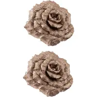 Cosy & Trendy 2x stuks decoratie bloemen roos champagne glitter op clip 18 cm - Kunstbloemen