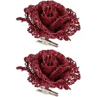 Cosy & Trendy 2x stuks decoratie bloemen roos rood glitter op clip 10 cm - Kunstbloemen