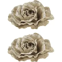 Cosy & Trendy 4x stuks decoratie bloemen roos champagne glitter op clip 10 cm - Kunstbloemen