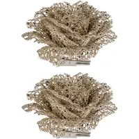 Cosy & Trendy 2x stuks decoratie bloemen roos champagne glitter op clip 10 cm - Kunstbloemen