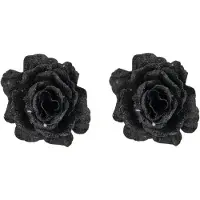 Cosy & Trendy 2x stuks decoratie bloemen roos zwart glitter op clip 10 cm - Kunstbloemen