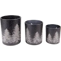 Clayre & Eef Theelichthouder Set van 3 Zwart Glas Rond Dennenbomen Waxinelichthouder Zwart Waxinelichthouder