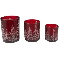 Clayre & Eef Theelichthouder Set van 3 Rood Glas Rond Dennenbomen Waxinelichthouder Rood Waxinelichthouder