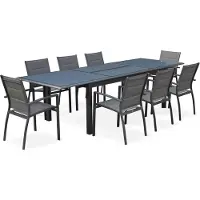 Sweeek Philadelphie set, 1 tafel met een verlengstuk en 8 stoelen van aluminium en textileen